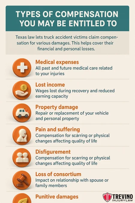 San Antonio truck accident compensation. A Trevino Injury Law infographic titled "Types of Compensation You May Be Entitled To" lists: medical expenses, lost income, property damage, pain and suffering, disfigurement, loss of consortium, and punitive damages, with icons and brief descriptions beside each type. Trevino Injury Law logo at bottom.