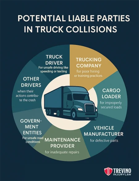 Who can be held liable for an 18-wheeler truck crash in San Antonio, Texas? A circular infographic titled “Potential Liable Parties in Truck Collisions” lists: truck driver, trucking company, cargo loader, vehicle manufacturer, maintenance provider, government entities, and other drivers, each with brief examples of liability. A truck illustration is at the center. Trevino Injury Law logo in the bottom right corner.