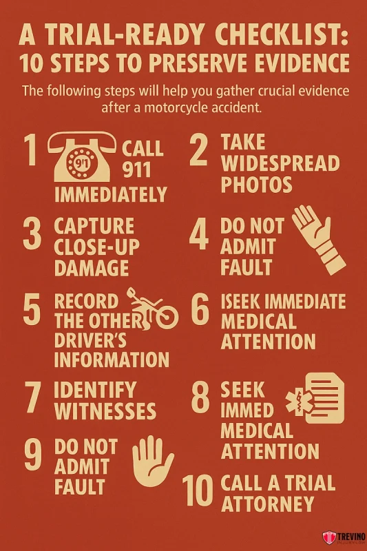 Preserve evidence, A tan infographic titled “A Trial-Ready Checklist: 10 Steps to Preserve Evidence” guides you on what to do after a motorcycle accident in San Antonio, with icons for each step—from calling 911 and taking photos to contacting a trial attorney.