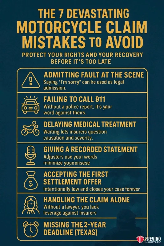 Devastating Motorcycle Claim Mistakes, Infographic titled “The 7 Devastating Motorcycle Claim Mistakes to Avoid” with yellow icons on dark blue, highlighting common motorcycle accident mistakes in San Antonio, like missing the 2-year deadline. Trevino Injury Law logo at bottom right.