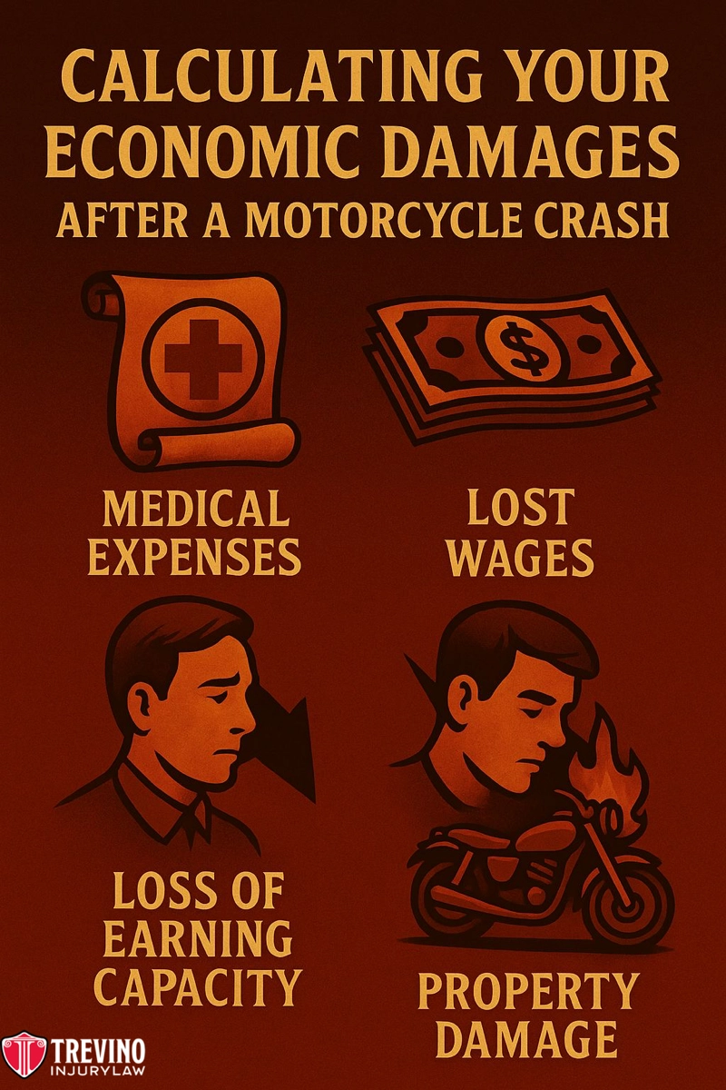 Infographic titled “Calculating Your Economic Damages After a Motorcycle Accident” lists four factors with icons: medical expenses (bandage and cross), lost wages (cash), loss of earning capacity (worried man), and property damage (damaged motorcycle).