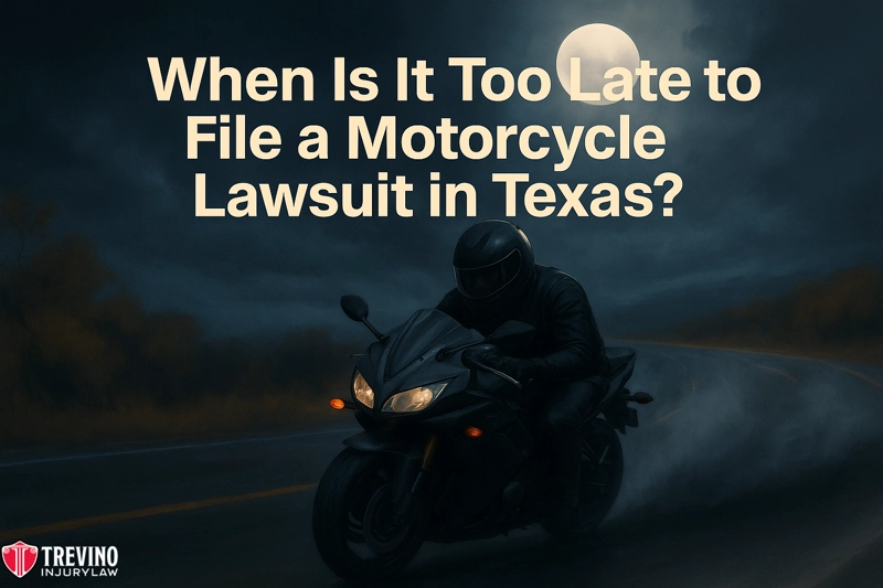 A person in black gear rides a motorcycle on a dark, curving road at night under a moonlit sky. Large text reads, "When Is It Too Late to File a Motorcycle Accident Lawsuit in Texas?" San Antonio’s Trevino Injury Law logo appears below.