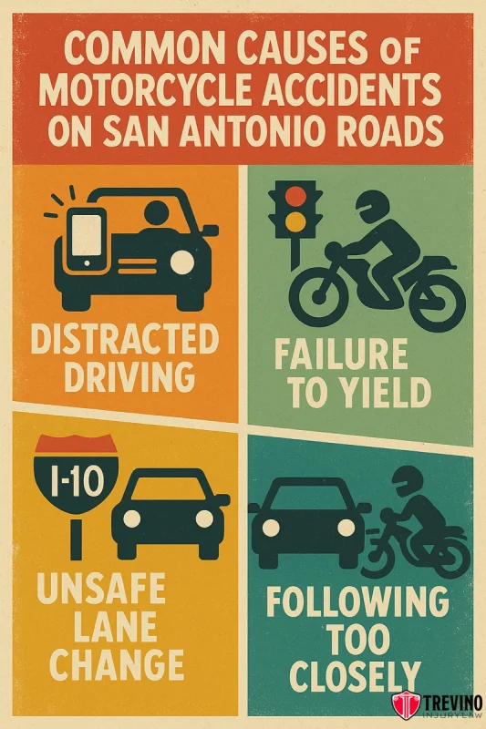 Common causes of motorcycle accidents on San Antonio, Infographic titled “Common Causes of Motorcycle Accidents on San Antonio Roads” highlights distracted driving, failure to yield, unsafe lane change (I-10 sign), and following too closely. Trevino Law Firm logo is at the bottom right. Know what to do after a motorcycle accident.