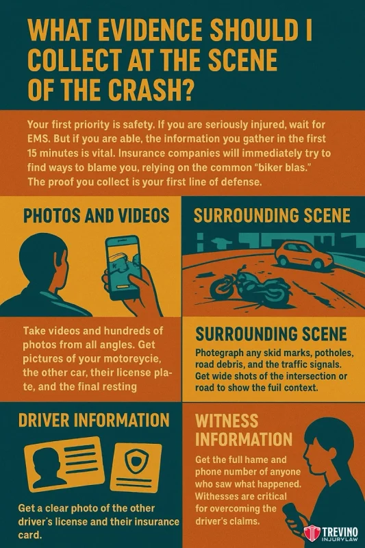 Evidence Should Be Collected in a Motorcycle Crash, Infographic detailing key evidence items to collect after a crash: Take photos and videos of vehicles, license plates, the scene, and debris; get the other driver’s info; gather witness details—crucial for insurance, accident settlements, and legal help.