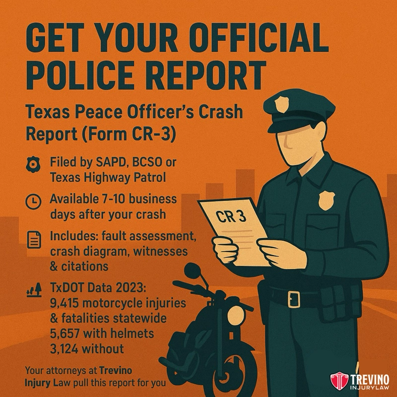  Official Police Report, Illustration of a police officer holding a CR-3 crash report form, with a motorcycle, badge, and clipboard. Learn how evidence in San Antonio motorcycle accident cases can impact accident settlements and see tips from Trevino Injury Law.