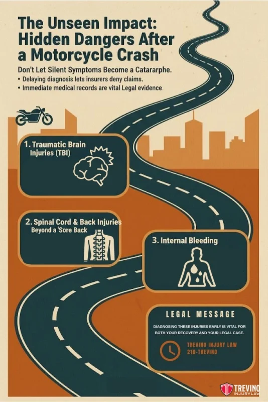 Hidden Dangers After A Motorcycle Accident, An infographic shows a winding road with icons for a motorcycle, brain, spine, and torso. It lists hidden dangers after a San Antonio motorcycle accident: brain injuries, spinal injuries, and internal bleeding—emphasizing early hospital diagnosis and legal evidence.