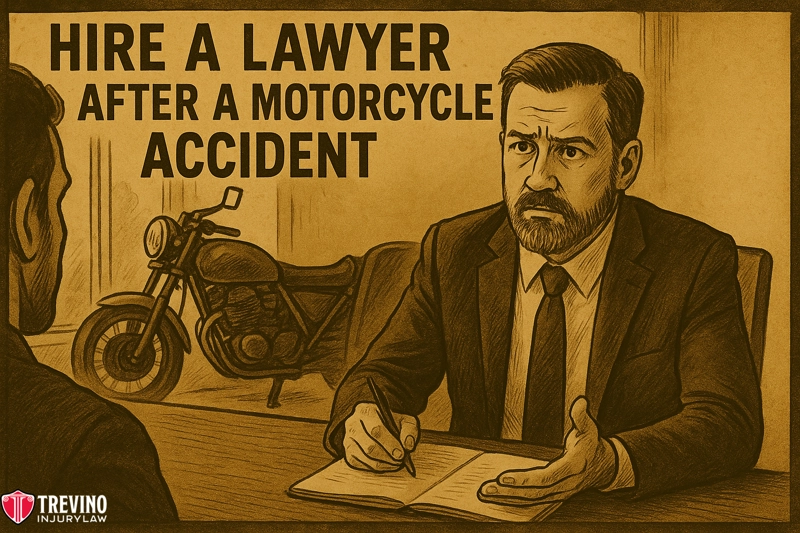A serious-looking lawyer in a suit gestures while speaking to an unseen person across a desk. Behind him is a motorcycle. Bold text reads, “Hire a San Antonio Motorcycle Accident Lawyer.” Trevino Injury Law’s logo appears in the corner.