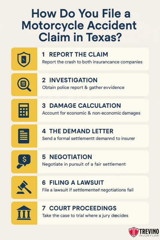 Motorcycle Accident Claim, Infographic titled "How Do You File a Motorcycle Accident Claim in Texas?" outlines 7 motorcycle accident steps, from reporting the claim to court proceedings—ideal for understanding what to do after motorcycle accident in San Antonio. Trevino Injury Law logo in corner.