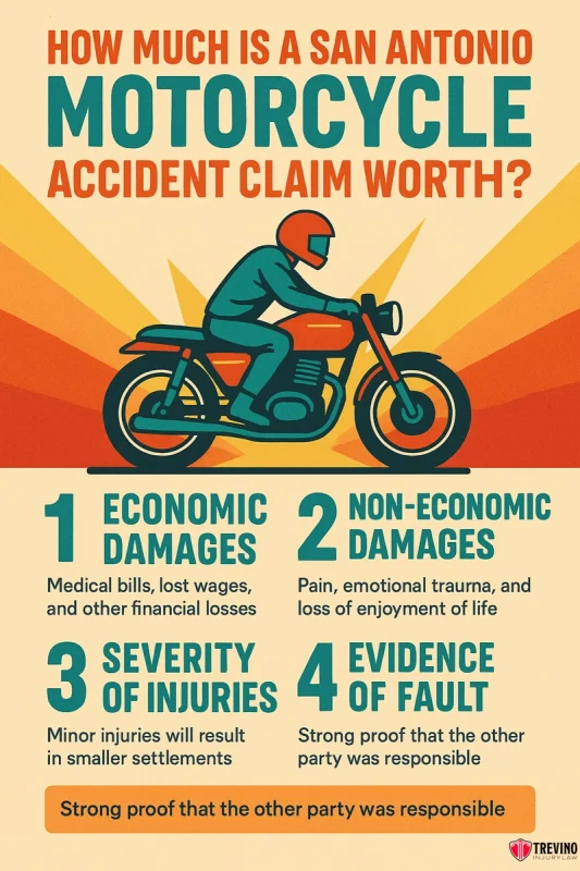 Total value of your claim , Infographic with a stylized person riding a motorcycle against a colorful sunset, outlining what to do after a San Antonio motorcycle accident: economic damages, non-economic damages, injury severity, and evidence of fault. Trevino law logo at the bottom.