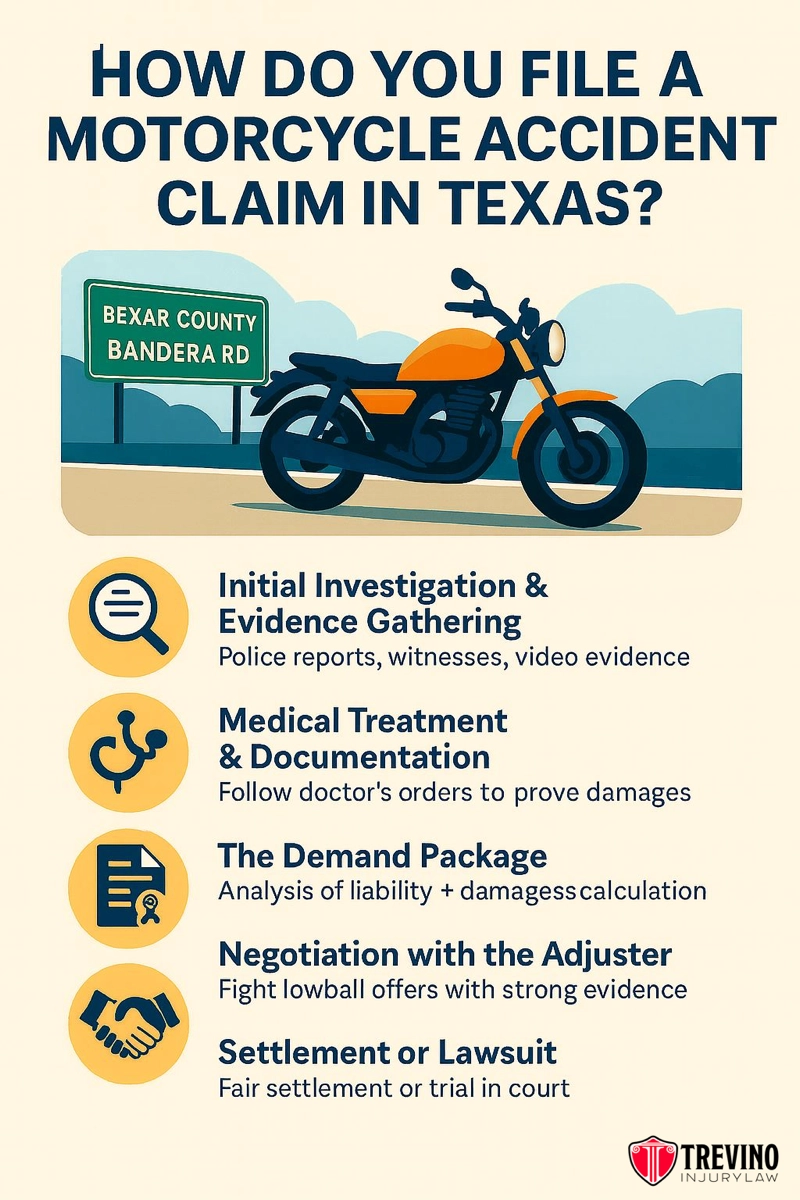 Infographic titled "How Do You File a Motorcycle Accident Claim in Texas?" Shows a motorcycle and road sign. Lists 5 claim steps: Investigation & evidence, treatment & documentation, demand package, negotiation, and settlement or lawsuit. Trevino Injury Law logo at bottom.