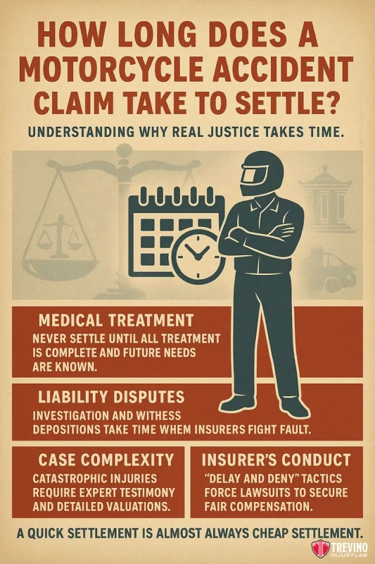 Motorcycle Accident Claim Take to Settle, An infographic explains factors affecting San Antonio motorcycle accident claim settlements: medical treatment completion, liability disputes, case complexity, and insurer tactics. It highlights common motorcycle claim mistakes and the need for thorough justice.