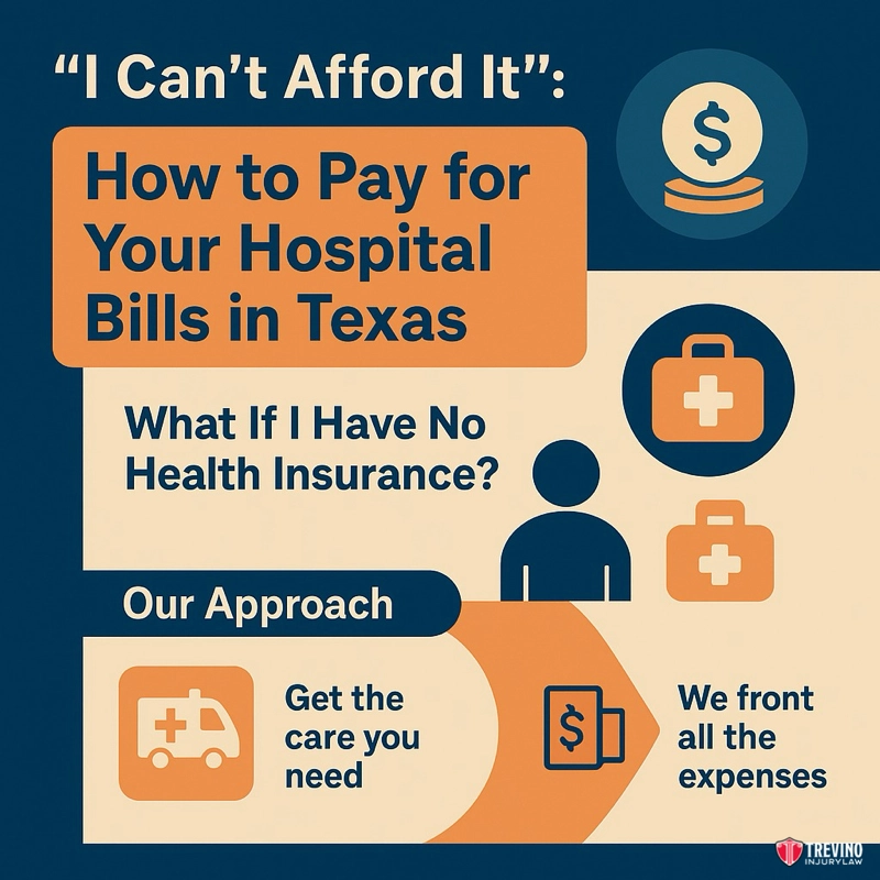 How To Pay For Your Hospital Bills In Texas, Infographic titled "How to Pay for Your Hospital Bills in Texas" with icons of a person, money, and medical symbols. For those without health insurance after a motorcycle accident San Antonio: "Get the care you need." Trevino Law Firm logo at the bottom.