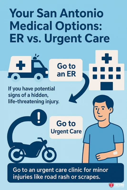 ER vs. Urgent Care, Infographic showing ER vs. urgent care for motorcycle accident San Antonio. ER is for hidden, life-threatening injuries, depicted by an ambulance and hospital. Urgent care covers minor injuries like road rash, shown with a man and a motorcycle. Blue and white icons included.