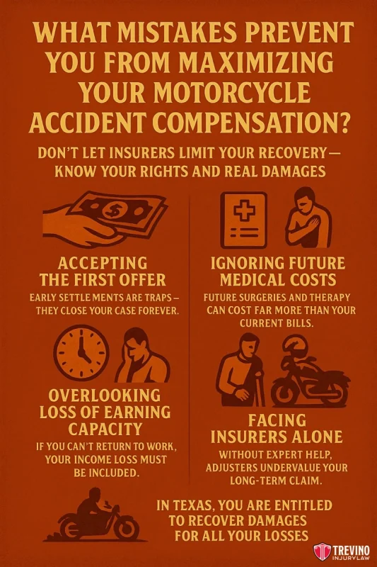 Maximizing Your Motorcycle Accident Compensation, Informational poster on maximizing San Antonio motorcycle claims. Lists four common motorcycle claim mistakes: accepting the first offer, ignoring future medical costs, overlooking loss of earning capacity, and facing insurers alone. Red background, yellow text, icons for each point.