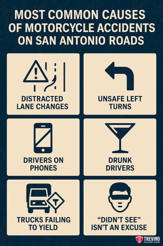 Causes of Motorcycle Accidents ,Infographic with six boxes showing common causes of motorcycle accident mistakes: distracted lane changes, unsafe left turns, drivers on phones, drunk drivers, trucks failing to yield, and “didn’t see” isn’t an excuse. Trevino Law Firm—San Antonio personal injury experts.