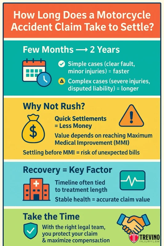 Infographic titled "How Long Does a Motorcycle Accident Claim Take to Settle?" describes that claims can take months to years. It explains factors affecting timelines, warns against quick settlements, and emphasizes recovery and legal guidance for best results.