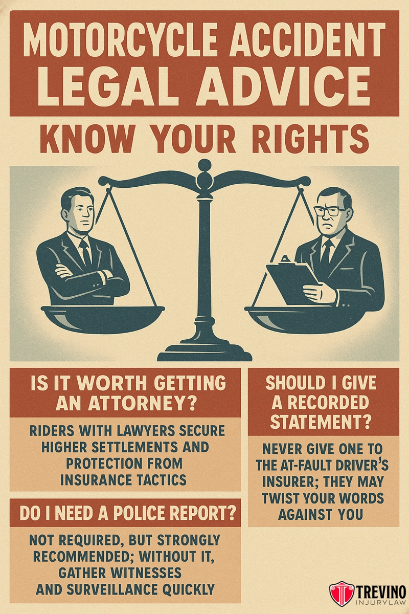 A retro-style poster with a tan background offers Motorcycle Accident legal advice. Two men stand by scales, with sections on getting a lawyer, giving recorded statements, and police reports. “Know your rights” is bold red. Trevino Injury Law San Antonio logo is at the bottom.