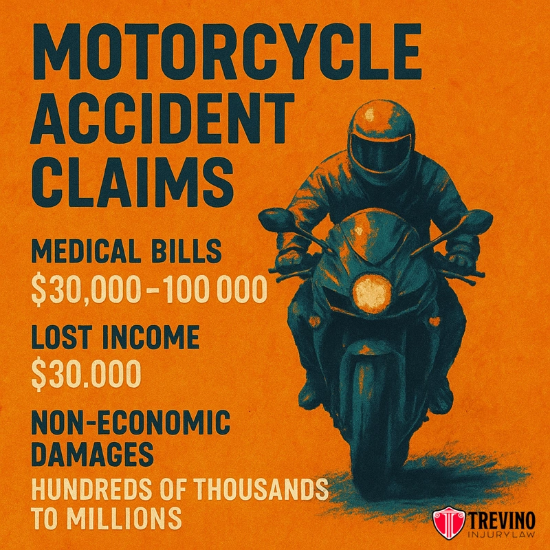 An illustrated motorcyclist rides toward the viewer on an orange background. Text reads: "Motorcycle Accident Claims: Medical Bills $30,000–100,000; Lost Income $30,000; Non-Economic Damages Hundreds of Thousands to Millions." San Antonio Motorcycle Accident Lawyer—Trevino Injury Law logo at bottom right.