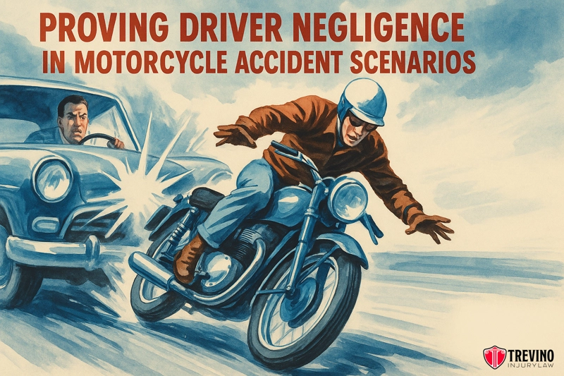 Illustration of a man in a helmet skidding on a motorcycle to avoid a blue car driven by a startled man. Text reads, “Proving Driver Negligence in Motorcycle Accident Scenarios.” Trevino Injury Law logo is in the lower right corner.