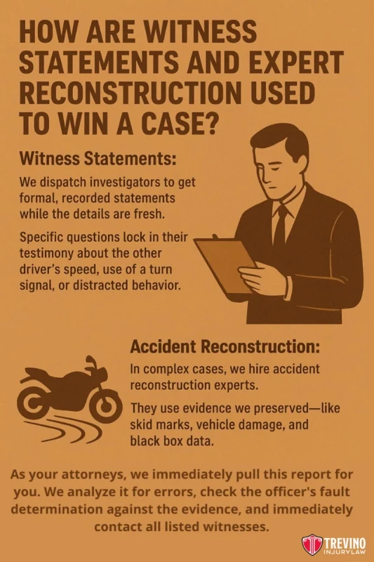 Statement Reconstruction Motorcycle Crash, A brown infographic explains how witness statements and expert reconstruction are key evidence items in San Antonio motorcycle accident cases. It features icons of a talking person and a motorcycle, with the Trevino Injury Law logo at the bottom right.