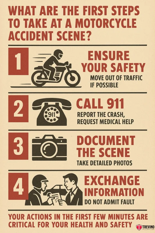 Understand The Critical Steps After A Motorcycle Accident ,Infographic on first steps after a motorcycle accident: 1. Ensure your safety—move out of traffic. 2. Call 911. 3. Document the scene with photos. 4. Exchange information but don't admit fault. Features key motorcycle accident steps and a red and cream color scheme.