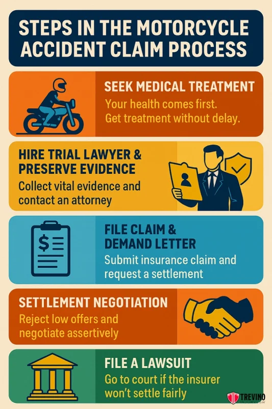 Steps In the Motorcycle Claim Process ,Infographic with 5 steps in the San Antonio motorcycle accident claim process: Seek medical treatment, hire a trial lawyer & preserve evidence, file claim & demand letter, settlement negotiation, and file a lawsuit. Avoid common motorcycle claim mistakes.