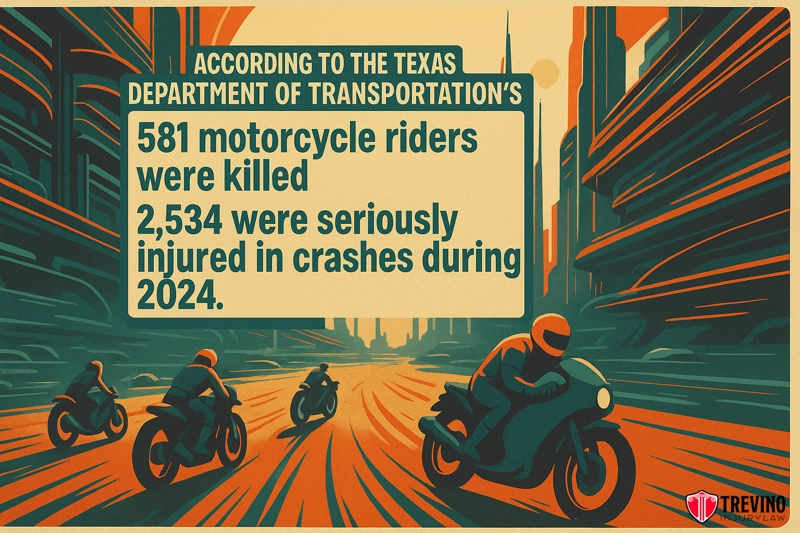 Illustration of motorcyclists riding in a stylized urban setting at sunset. Text states: "According to the Texas Department of Transportation’s 581 motorcycle riders were killed, 2,534 were seriously injured in crashes during 2024." Trevino Law Firm logo at bottom right.