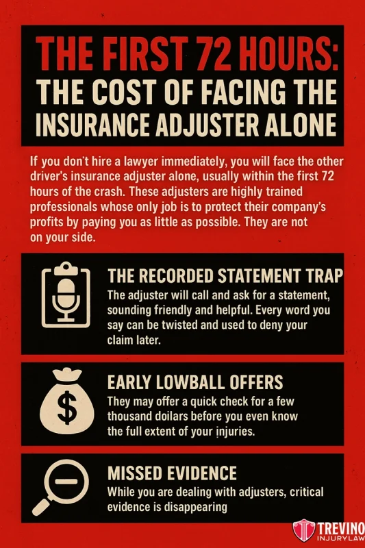 72 hours after the motorcycle accident, A red and black infographic titled “The First 72 Hours: The Cost of Facing the Insurance Adjuster Alone” details what to do after a motorcycle accident in San Antonio, listing three dangers—recorded statement trap, lowball offers, and missed evidence. Trevino Injury Law logo at bottom right.