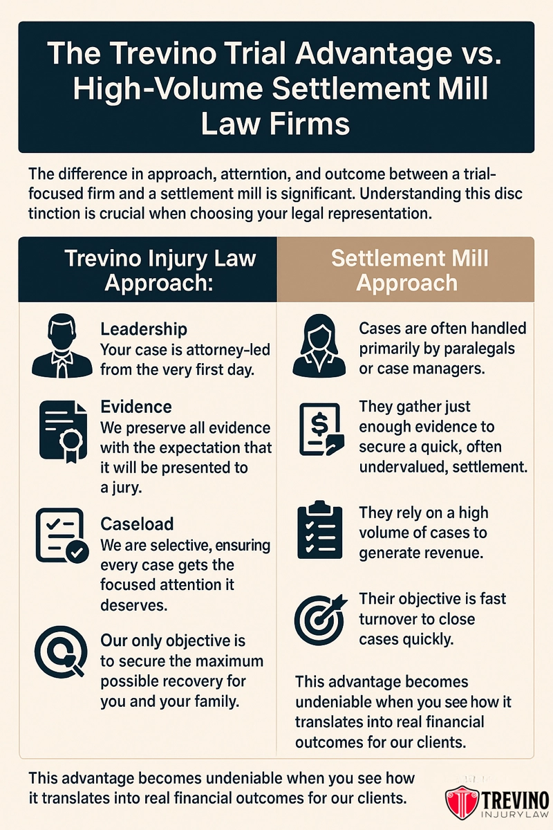 A side-by-side infographic compares “The Trevino Trial Advantage” and “High-Volume Settlement Mill Law Firms,” highlighting differences in approach, leadership, evidence handling, caseload, and client focus for San Antonio Motorcycle Accident Lawyer cases. The Trevino logo appears at the bottom right.