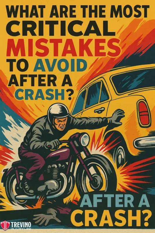  Mistakes to avoid after a crash, A stylized illustration shows a motorcyclist crashing into the back of a yellow car in San Antonio, with flames and debris. Bold text asks, “What to do after a motorcycle accident?” Red, black, and blue colors emphasize urgency and impact.