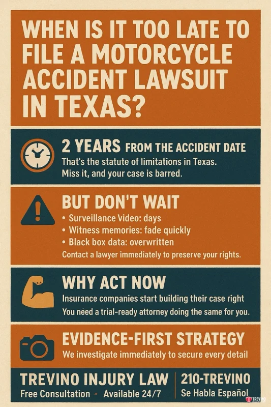 File a Motorcycle Accident Lawsuit, Infographic with bold text explains Texas’s 2-year deadline for San Antonio motorcycle accident lawsuits. Icons include a clock, folder, and scales. Urges early legal action to protect accident settlements and evidence items. Trevino Injury Law contact info is listed.