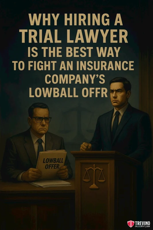 A Trial Lawyer , Two serious men in suits are in a courtroom. One holds a paper labeled "Lowball Offer," looking displeased, while the other stands at a podium. Large text above reads, "Why hiring a San Antonio motorcycle lawyer is key to fighting an insurance company’s lowball offer.