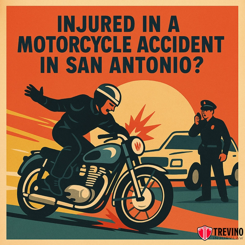 San Antonio motorcycle accident lawyer, Illustration of a motorcycle accident: A motorcyclist in black gear is thrown from a bike after colliding with a white car in San Antonio. A police officer stands by. Bold text asks, “Injured in a motorcycle accident in San Antonio? Know what to do.”.