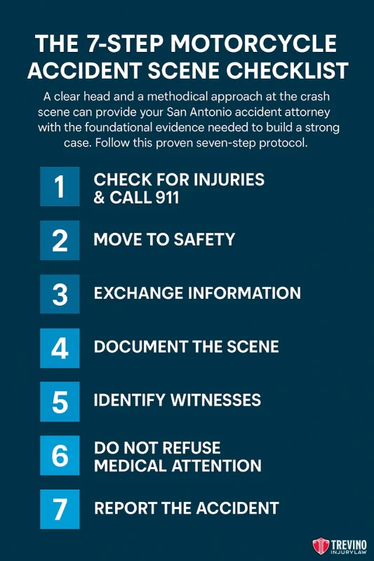 A Trevino Injury Law blue infographic titled “The 7-Step Motorcycle Accident Scene Checklist” lists steps: 1) Check for injuries & call 911, 2) Move to safety, 3) Exchange information, 4) Document the scene, 5) Identify witnesses, 6) Do not refuse medical attention, 7) Report the accident.