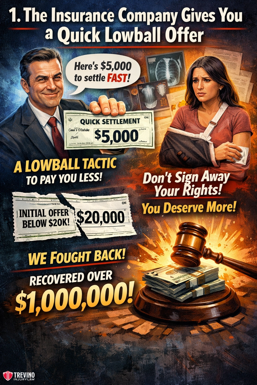 The Insurance Company Gives You a Quick Lowball OfferA smiling man in a suit offers a $5,000 check labeled “Quick Settlement” to a concerned woman. Bold text warns against lowball offers—don’t sign away your rights. A motorcycle accident lawyer San Antonio helped recover $1,000,000+ after fighting back.