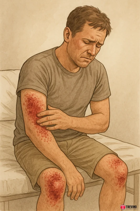 Skin Abrasions After A Bike Accident, A man sits on a bed in San Antonio, wearing a gray t-shirt and shorts, looking down sadly. His right forearm and both knees show red, irritated rashes—common injuries that can occur after bicycle accidents. He touches his arm gently in discomfort.