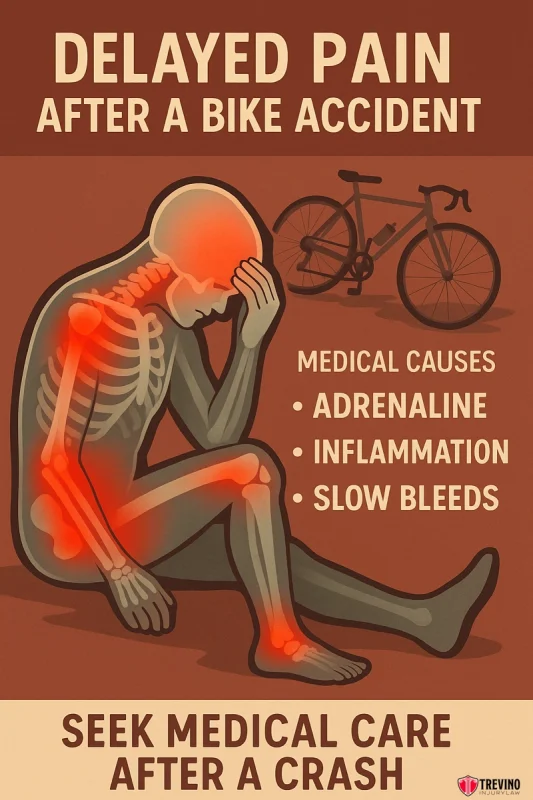Delayed Pain After A Bike Accident, An illustrated person sits holding their head and knee, both highlighted in red for pain—common injuries after bicycle accidents. A damaged bike appears nearby. Text reads: “DELAYED PAIN AFTER A BIKE ACCIDENT,” highlighting adrenaline, inflammation, and slow bleeds.