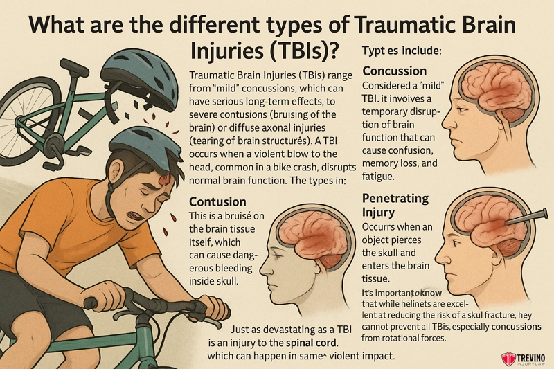 Different Types Of Traumatic Brain Injuries, An illustrated infographic shows a cyclist falling off his bike in San Antonio, with close-ups of a brain and head injury. It explains common injuries from bicycle accidents—concussion, contusion, penetrating injury—using text and labeled brain diagrams.