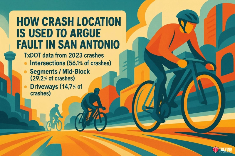 How The Crash Location Is Used To Argue Fault In San Antonio, Illustration of cyclists riding in San Antonio at sunrise. Text explains bicycle accident crash locations—intersections (56.1%), mid-block (29.2%), and driveways (14.7%)—based on 2023 TxDOT data, which can impact your case worth.