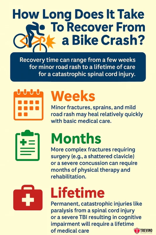 How Long Does It Take To Recover From A Bike Crash, Infographic titled “How Long Does It Take To Recover From a Bike Crash?” highlights recovery times for common injuries from bicycle accidents in San Antonio, with orange, green, and red icons for weeks, months, or lifetime healing stages.