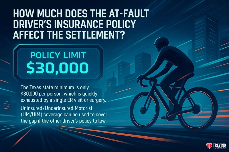 How Much Does The At-fault Driver's Insurance Policy Affect The Settlement, Infographic with a cyclist and blue digital lines. Text explains that after a bicycle accident in San Antonio, the at-fault driver’s insurance limit is $30,000—often covering just basic ER care. UM/UIM coverage can help increase your case worth if policy limits are too low.