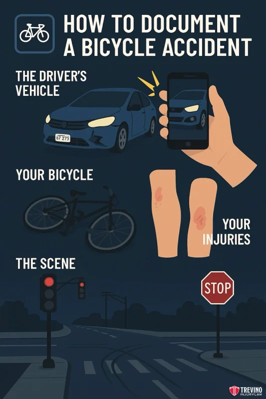 Illustration showing steps to document a bicycle accident in San Antonio: While riding a bike, photograph the driver’s car, your damaged bicycle, injuries (scraped knees), and the scene with traffic signals. A hand holds a phone as if taking pictures.