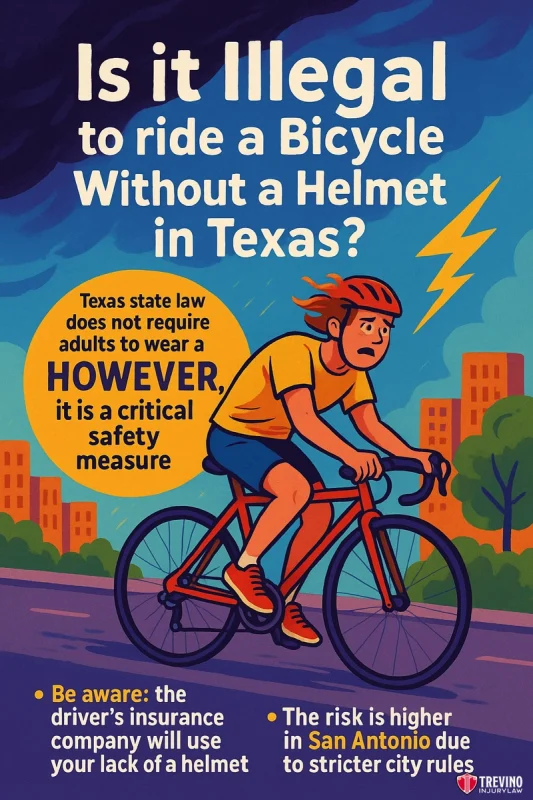 Do You Need To Wear A Helmet, A cartoon shows a person riding a bicycle in a city at dusk without a helmet. Text explains that Texas bicycle laws don't require helmets for adults, but it’s vital for safety. Notes highlight insurance consequences and stricter rules in San Antonio.