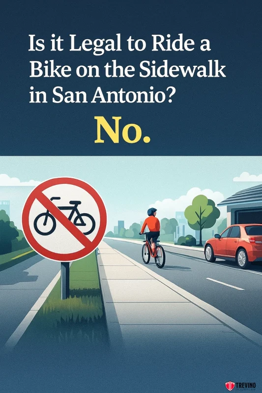 Is it Legal to Ride a Bike on the Sidewalk, A cyclist rides on a sidewalk beside a street lined with trees and houses. A red and white "no bicycles" sign is posted beside the path. Text above reads, "Is it Legal to Ride a Bike on the Sidewalk in San Antonio? No—San Antonio bicycle laws prohibit it.
