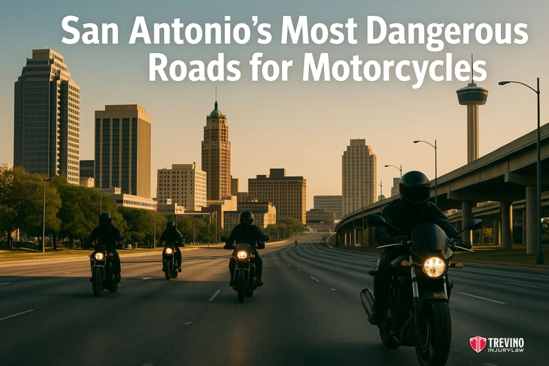 San Antonio's Most Dangerous Roads, Four motorcyclists ride on an empty urban highway at sunrise with downtown San Antonio’s skyline, including the Tower of the Americas, in the background. Text at the top reads: “San Antonio’s Most Dangerous Roads for Motorcycles—advice from a motorcycle accident lawyer.”.