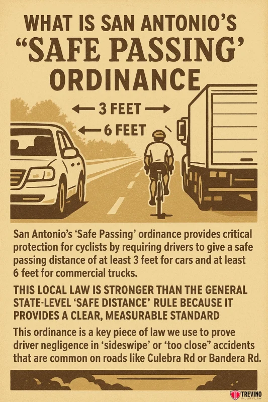 Understand Safe Passing Ordinance, A graphic explains San Antonio’s “Safe Passing” ordinance, illustrating key bicycle laws: cars must allow 3 feet and trucks 6 feet when passing cyclists. The ordinance provides clear standards to help prevent “sideswipe” accidents.
