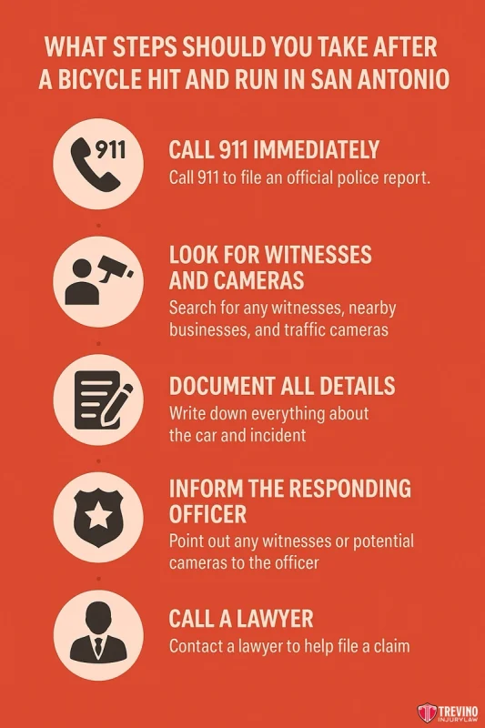 Infographic with five steps to take if you’re hit by a car while riding a bike in San Antonio: call 911, look for witnesses and cameras, document all details, inform the officer, and call a lawyer to protect your rights. Each step includes an icon.