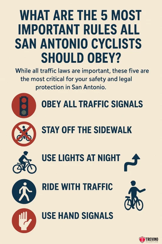 The 5 Most Important Rules All San Antonio Cyclists Should Obey Poster titled “What Are the 5 Most Important Rules All San Antonio Cyclists Should Obey?” Lists key bicycle laws: obey all traffic signals, stay off the sidewalk, use lights at night, ride with traffic, use hand signals. Includes related icons for each rule.