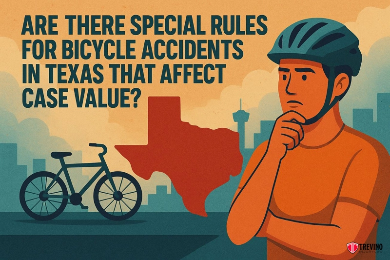 Are There Special Rules For Bicycle Accidents In Texas, An illustrated man in an orange shirt and blue helmet stands thinking beside a bicycle. Behind him is a red Texas map outline, San Antonio’s skyline, and large text: “Are there special rules for bicycle accident case worth in Texas?”.