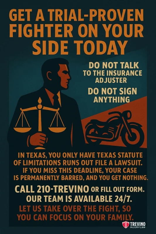 Get a trial-proven lawyer On Your Side, A graphic shows a man in a suit holding justice scales beside a motorcycle. Bold text urges San Antonio motorcycle accident victims not to talk to insurers or sign anything, highlights Texas deadlines, and displays a 24/7 lawyer number. Trevino Injury Law logo appears below.